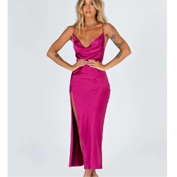 LIONESS Magenta Walk The Line Satin Midi Dress Size XXL - Picture 2 of 15